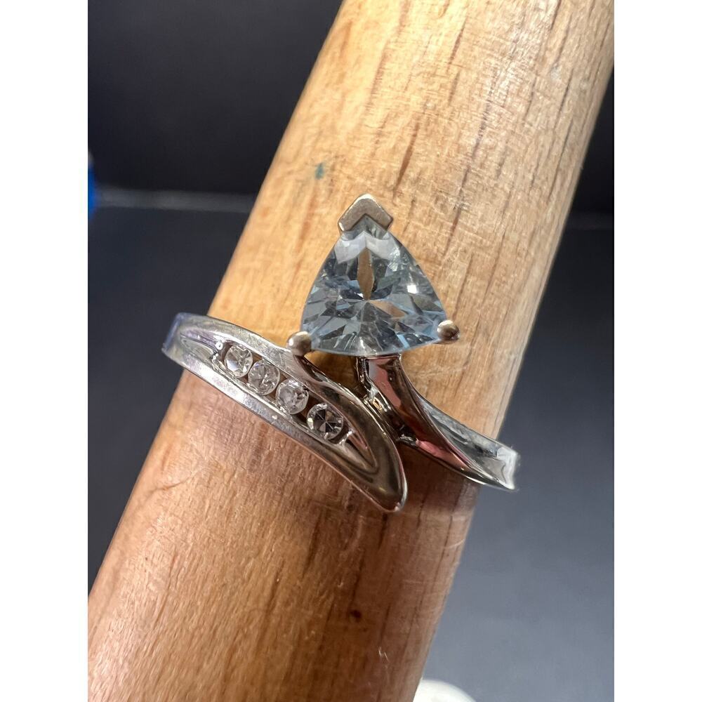 10k white gold Samuel Aaron trillion cut aquamarine and diamond ring size 6.5 - Picture 13 of 16